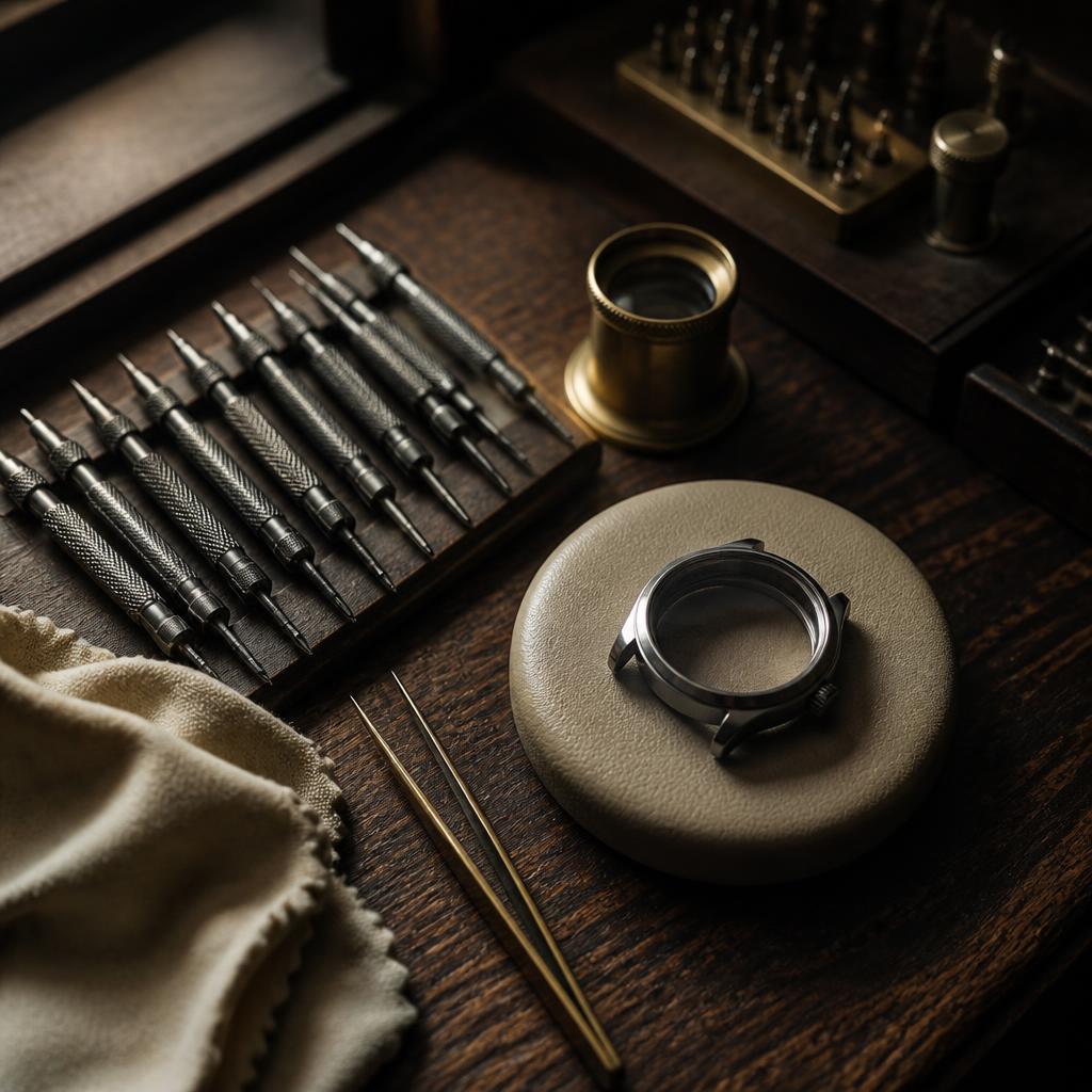 A British watchmaker's bench — screwdrivers, loupe and empty steel case