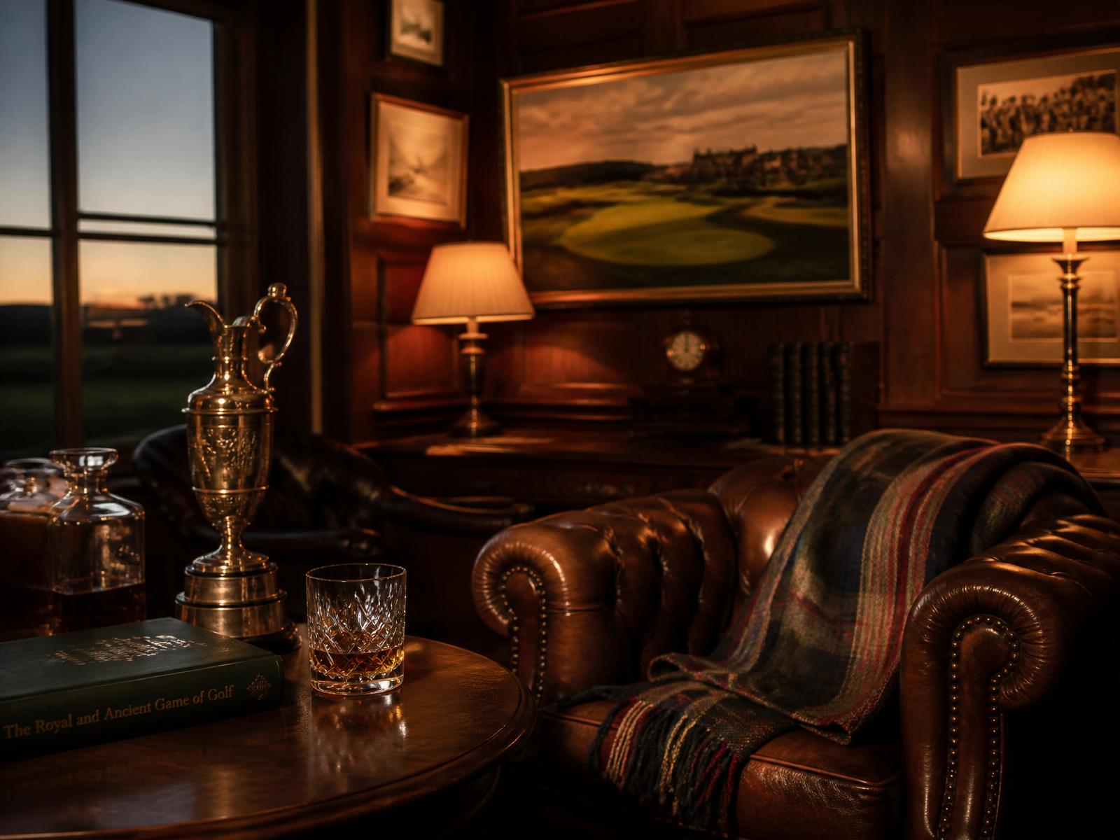 Traditional British golf clubhouse interior at dusk